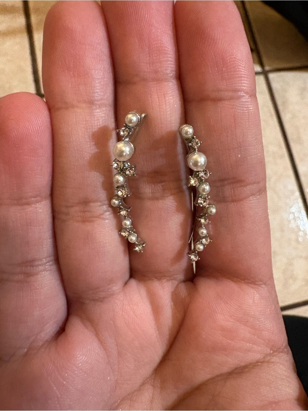 Pearl and Crystal Vine Drop Earrings - Silver Tone